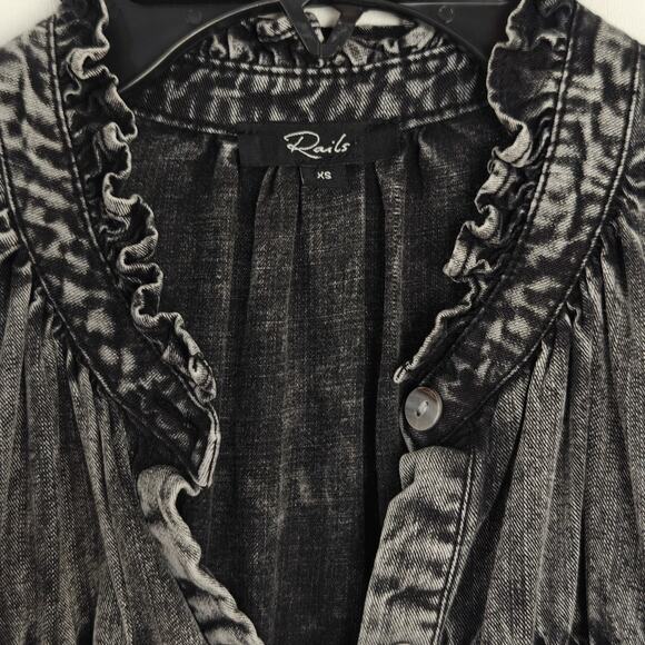 Rails Amina Mini Dress Size XS Black Acid Wash Tencel Denim Smocked Waist Boho - Picture 5 of 12